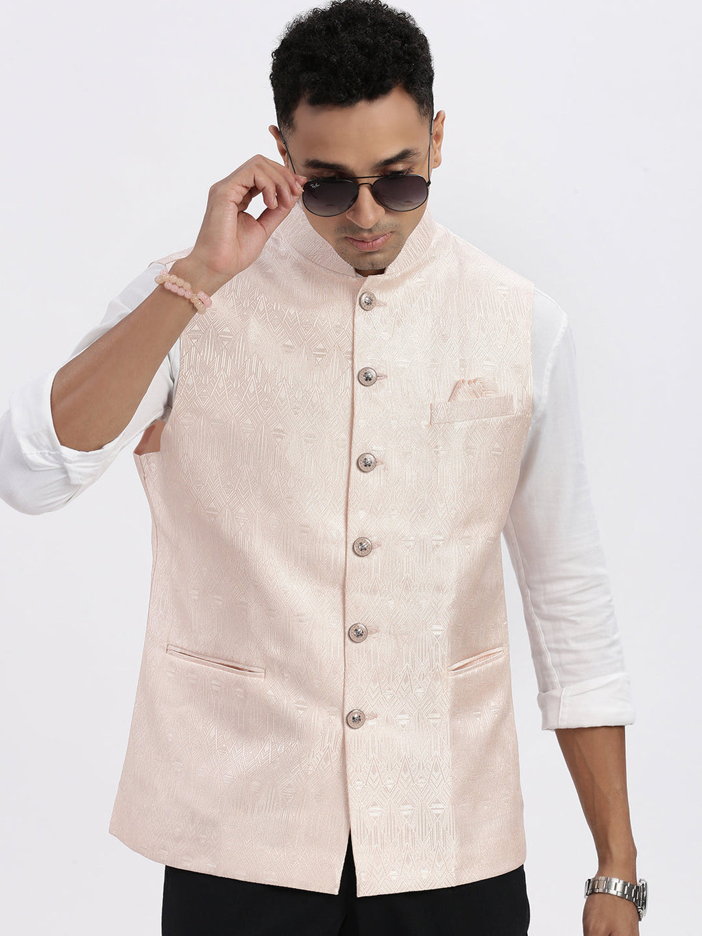 Men's Peach Printed Ethnic Nehru Jacket