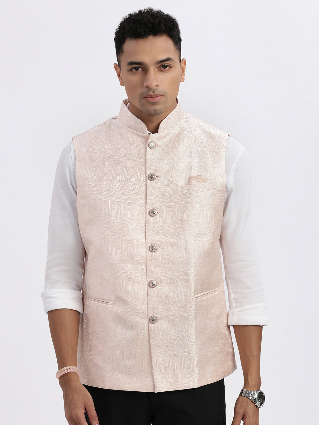 Men's Peach Printed Ethnic Nehru Jacket