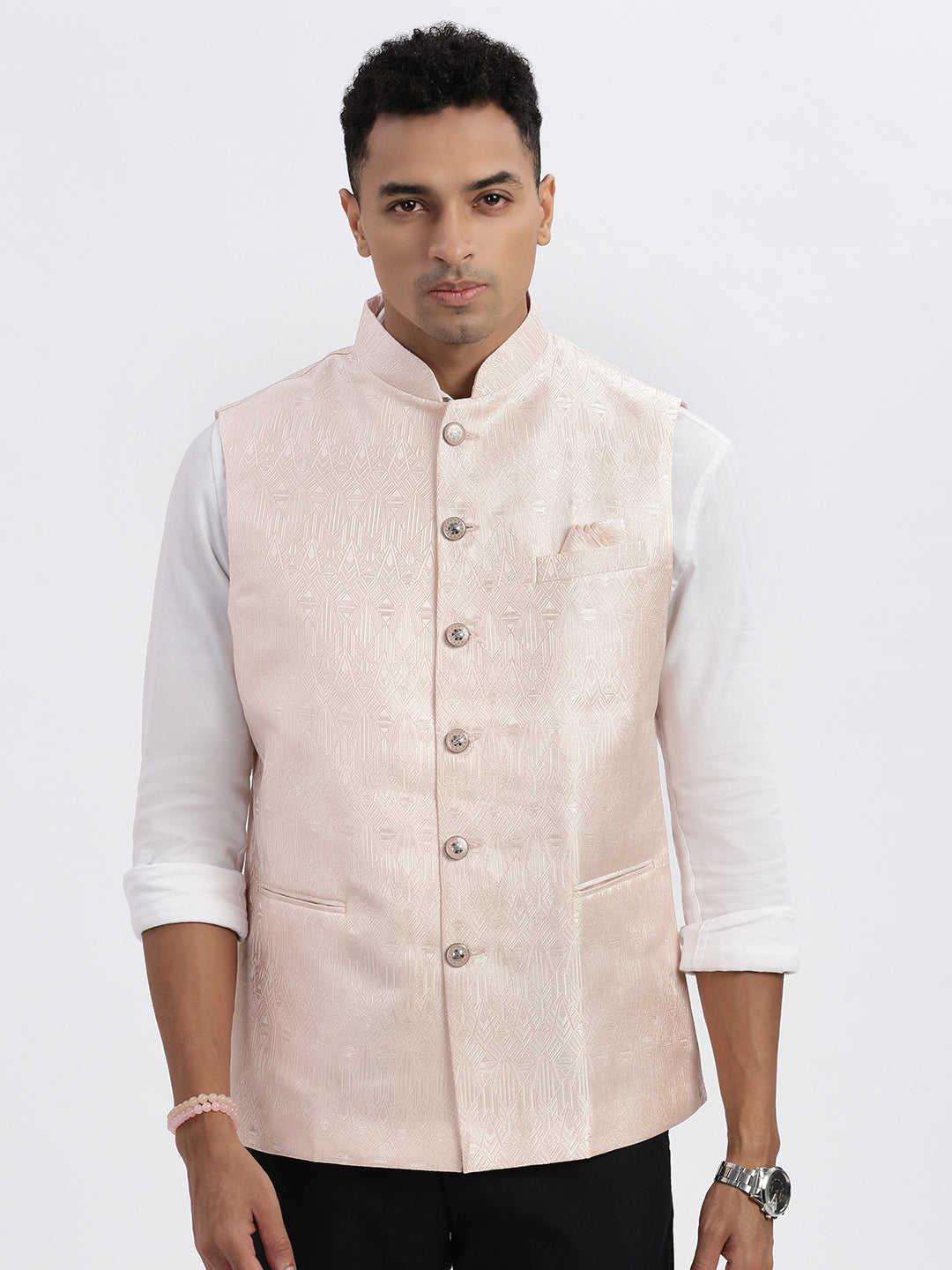Men's Peach Printed Ethnic Nehru Jacket