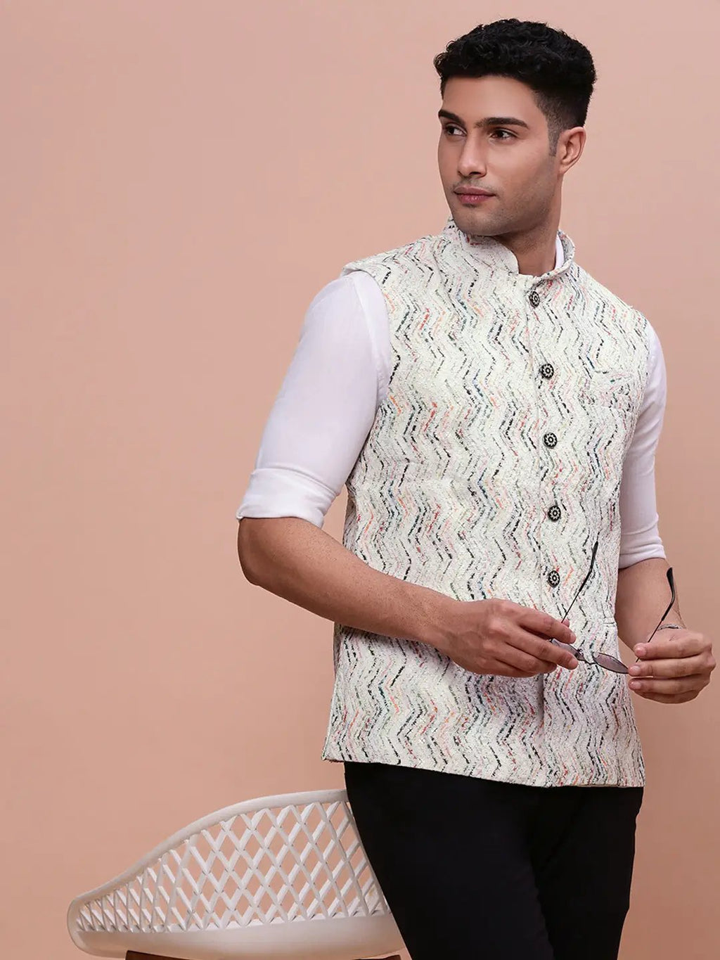 Men's Embellished Cream Slim Fit Nehru Jacket