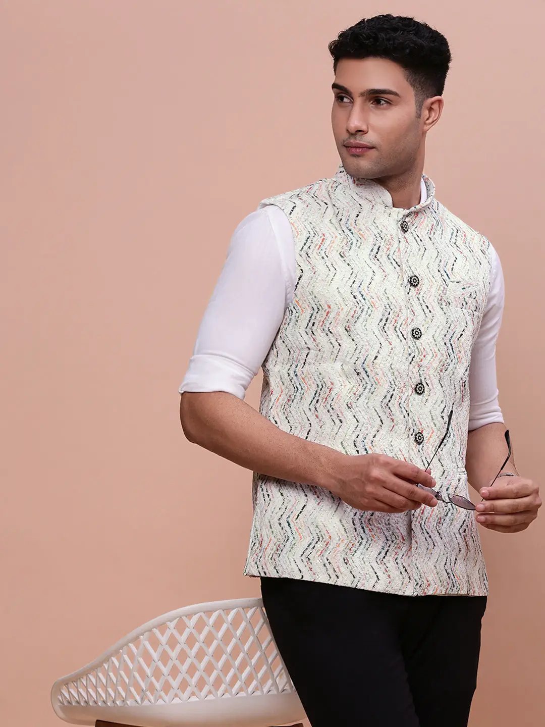 Men's Embellished Cream Slim Fit Nehru Jacket