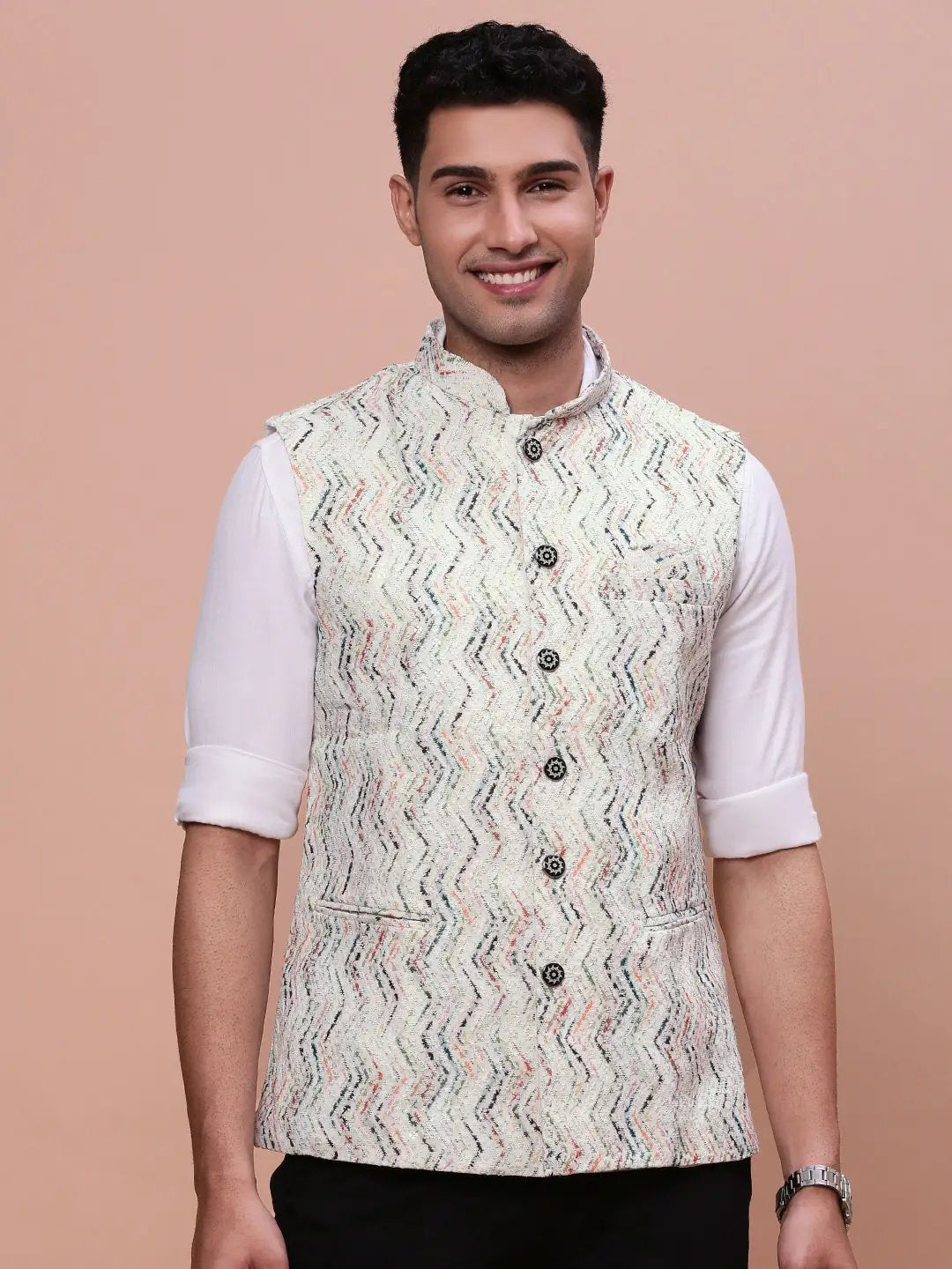 Men's Embellished Cream Slim Fit Nehru Jacket
