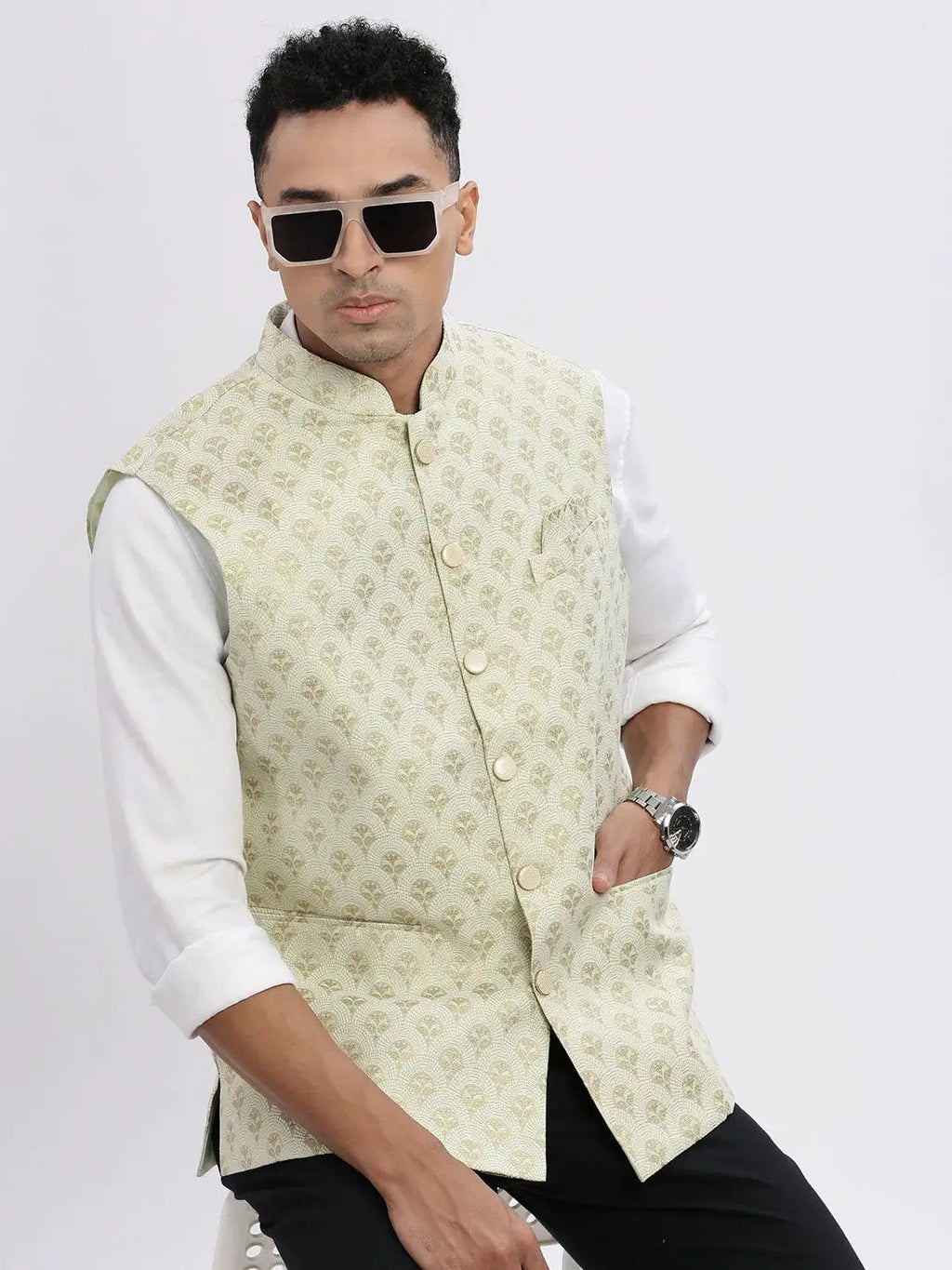 Men's Green Floral Prints Nehru Jacket