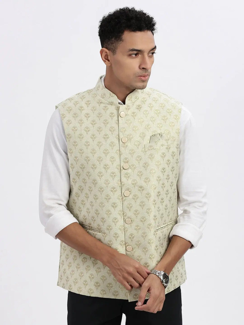 Men's Green Floral Prints Nehru Jacket