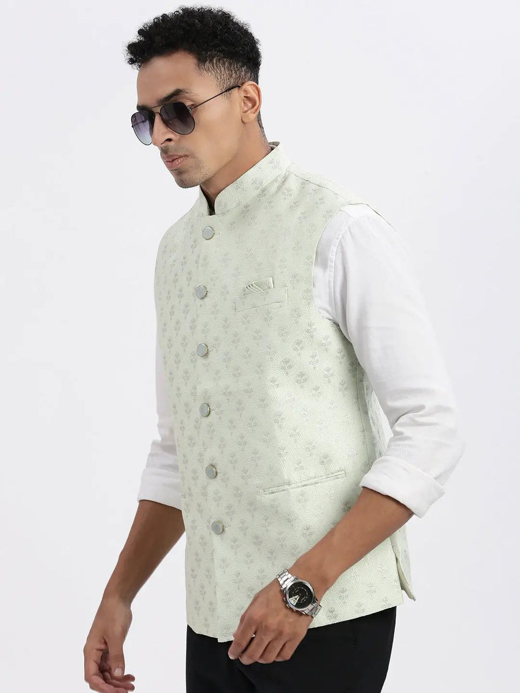 Men's Green Floral Printed Nehru Jackets