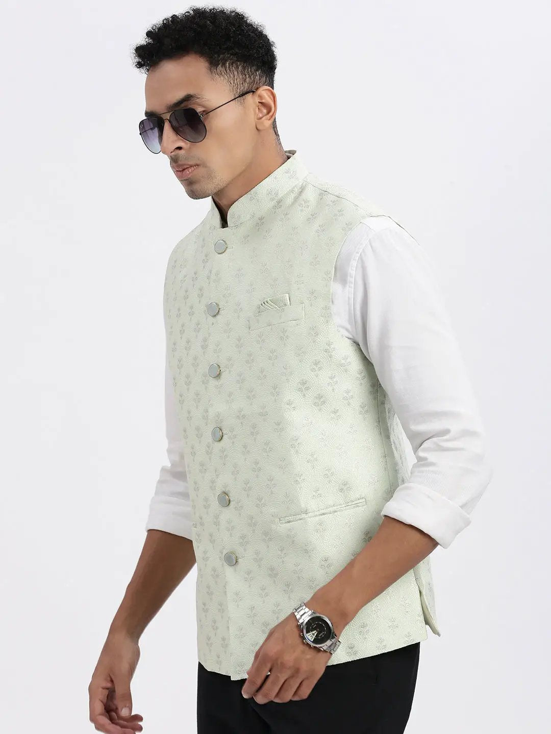Men's Green Floral Printed Nehru Jackets