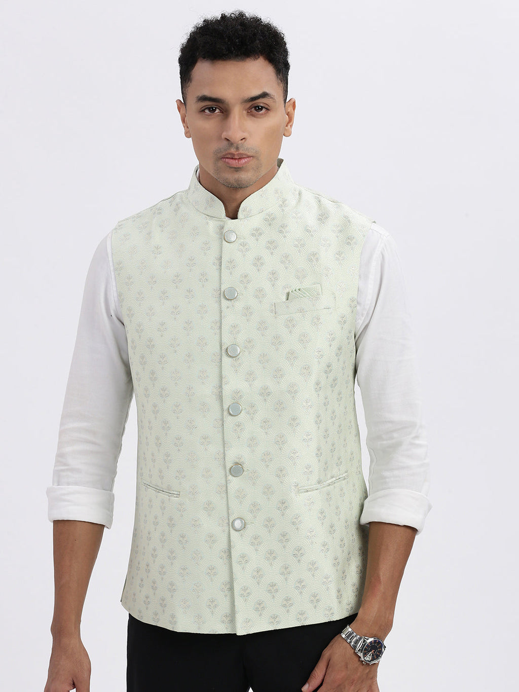 Men's Green Floral Printed Nehru Jackets