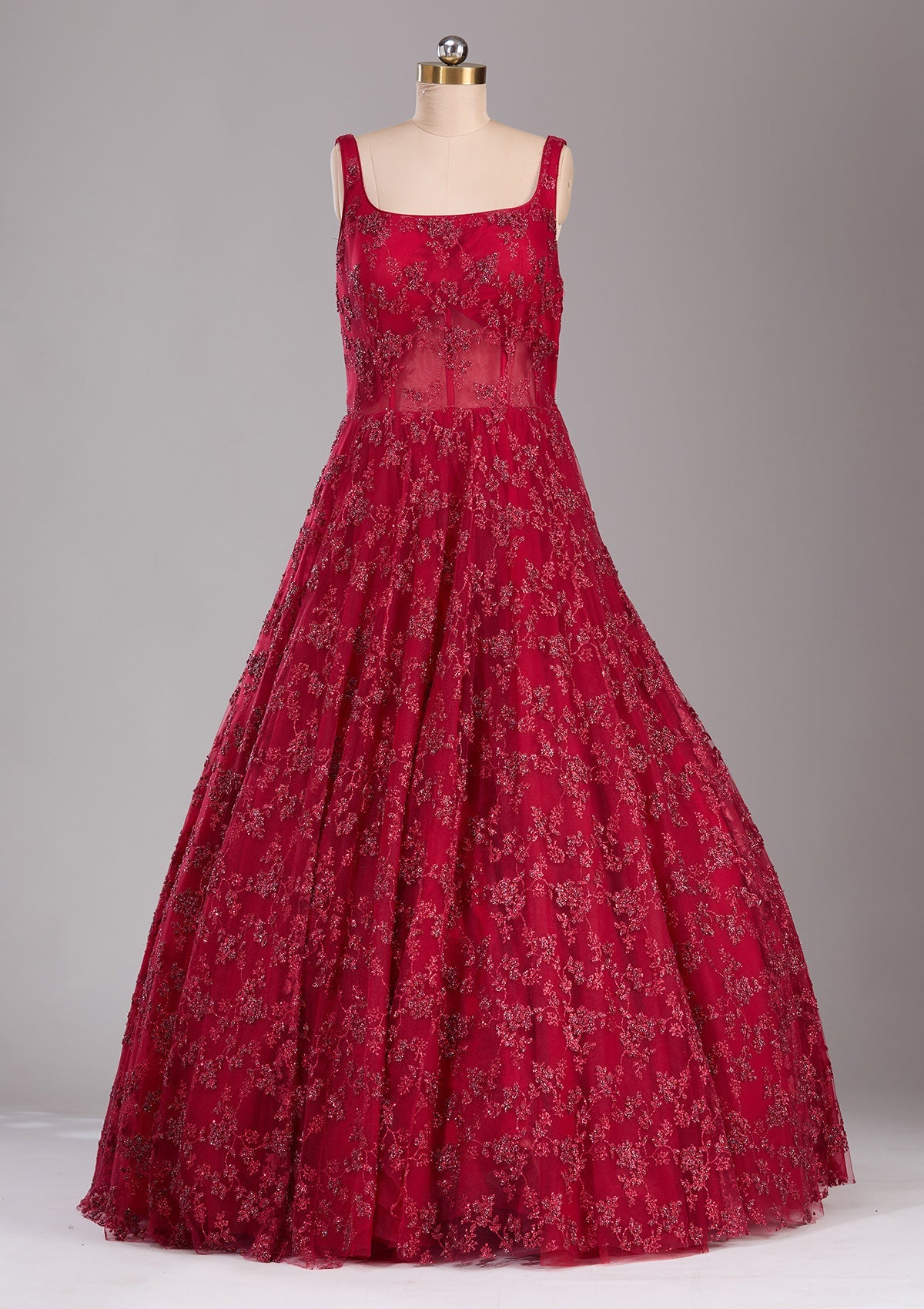Red Glitter Net Readymade Gown