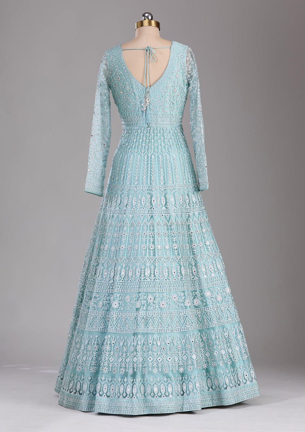 Sky Blue Silver Stonework Net Readymade Gown