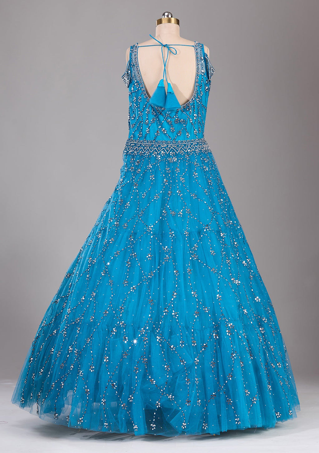 Peacock Blue Silver Stonework Net Readymade Gown