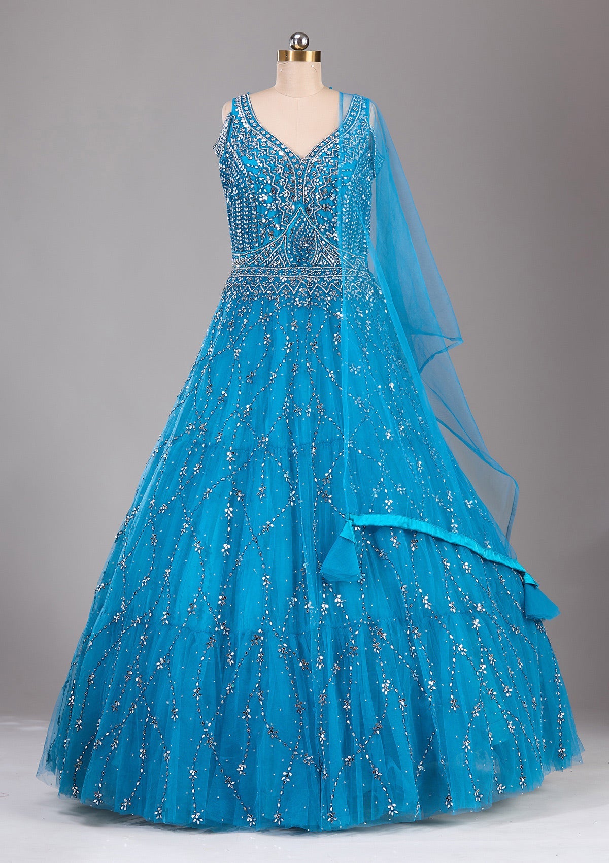 Peacock Blue Silver Stonework Net Readymade Gown