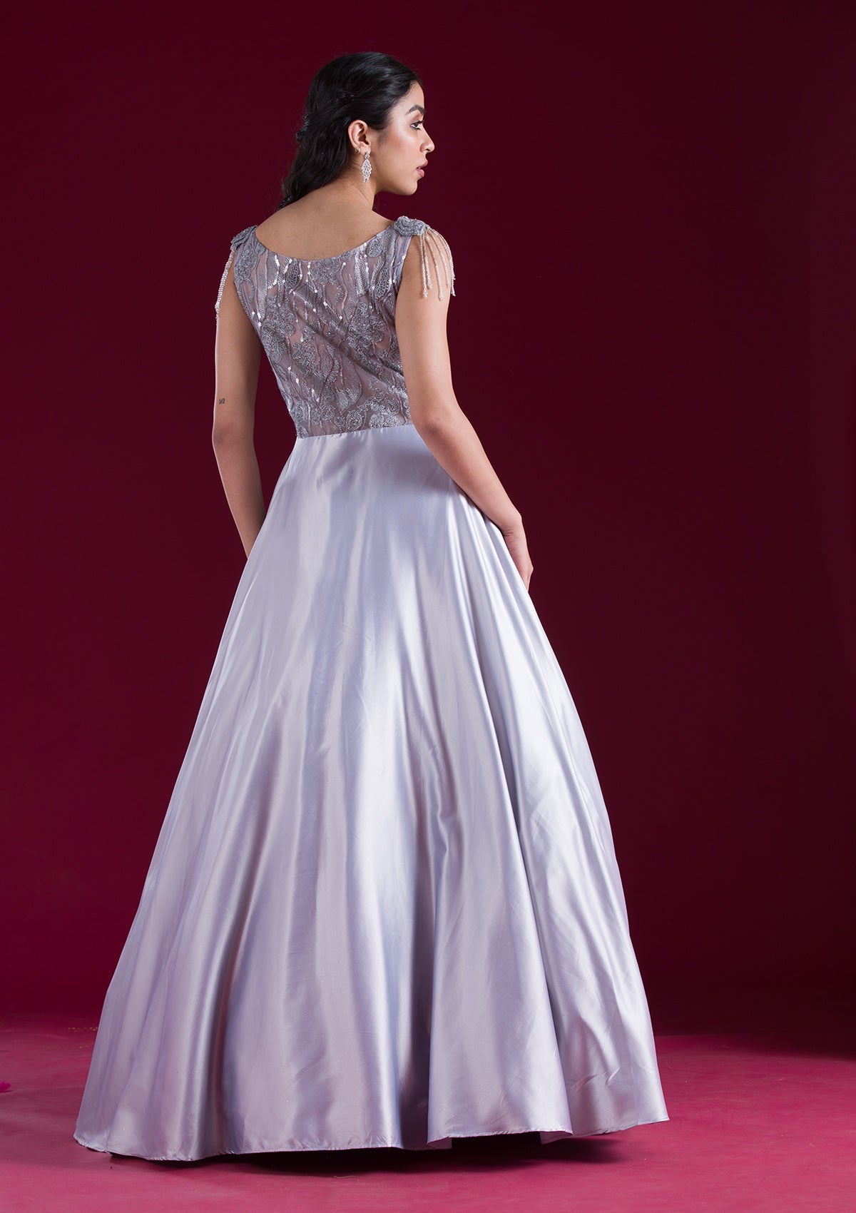 Grey Sequins Satin Gown