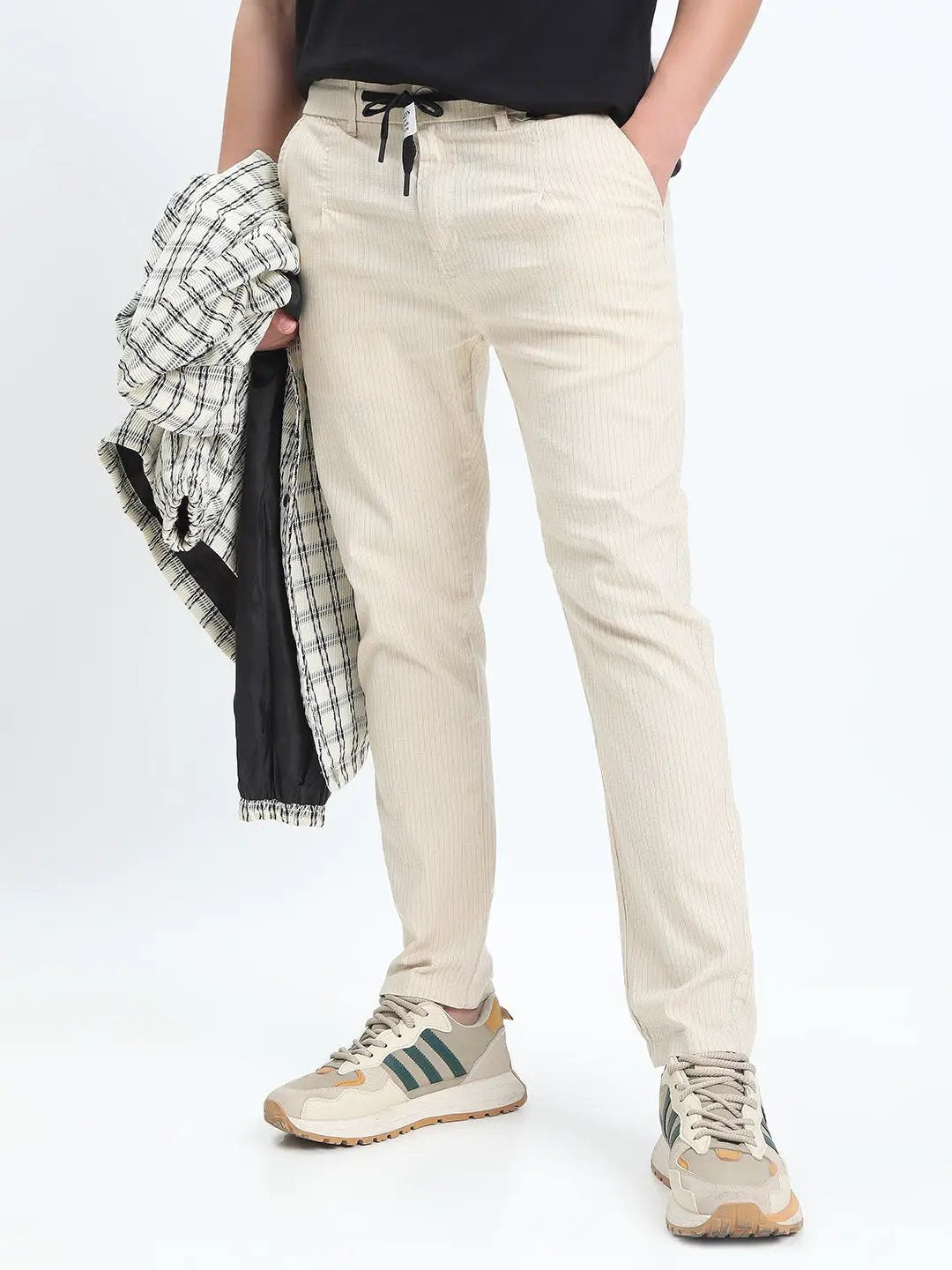 Men's Striped Cream Straight Fit Trousers with Contrast Drawstring and Pocket Trim Detail