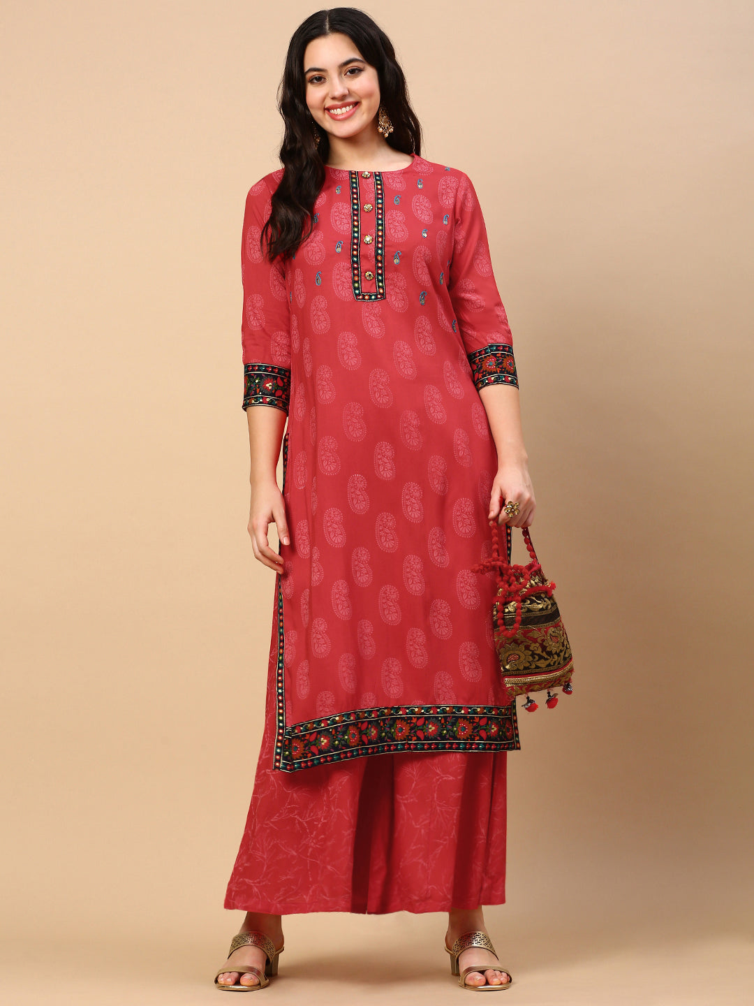 Women's Paisley Red Straight Kurta Set