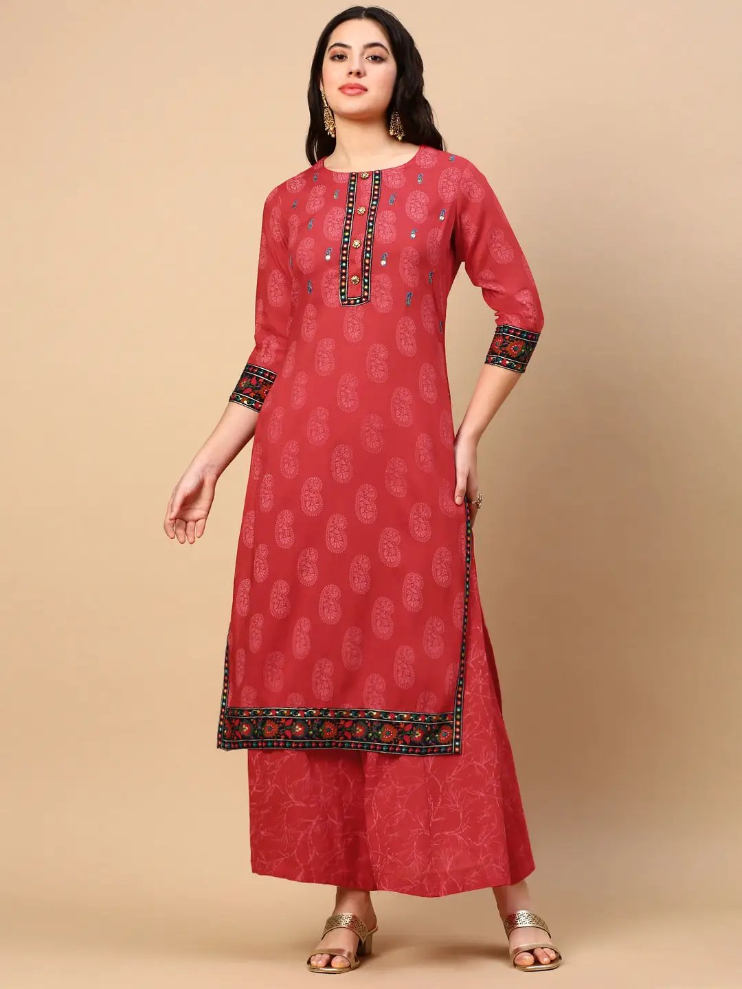Women's Paisley Red Straight Kurta Set