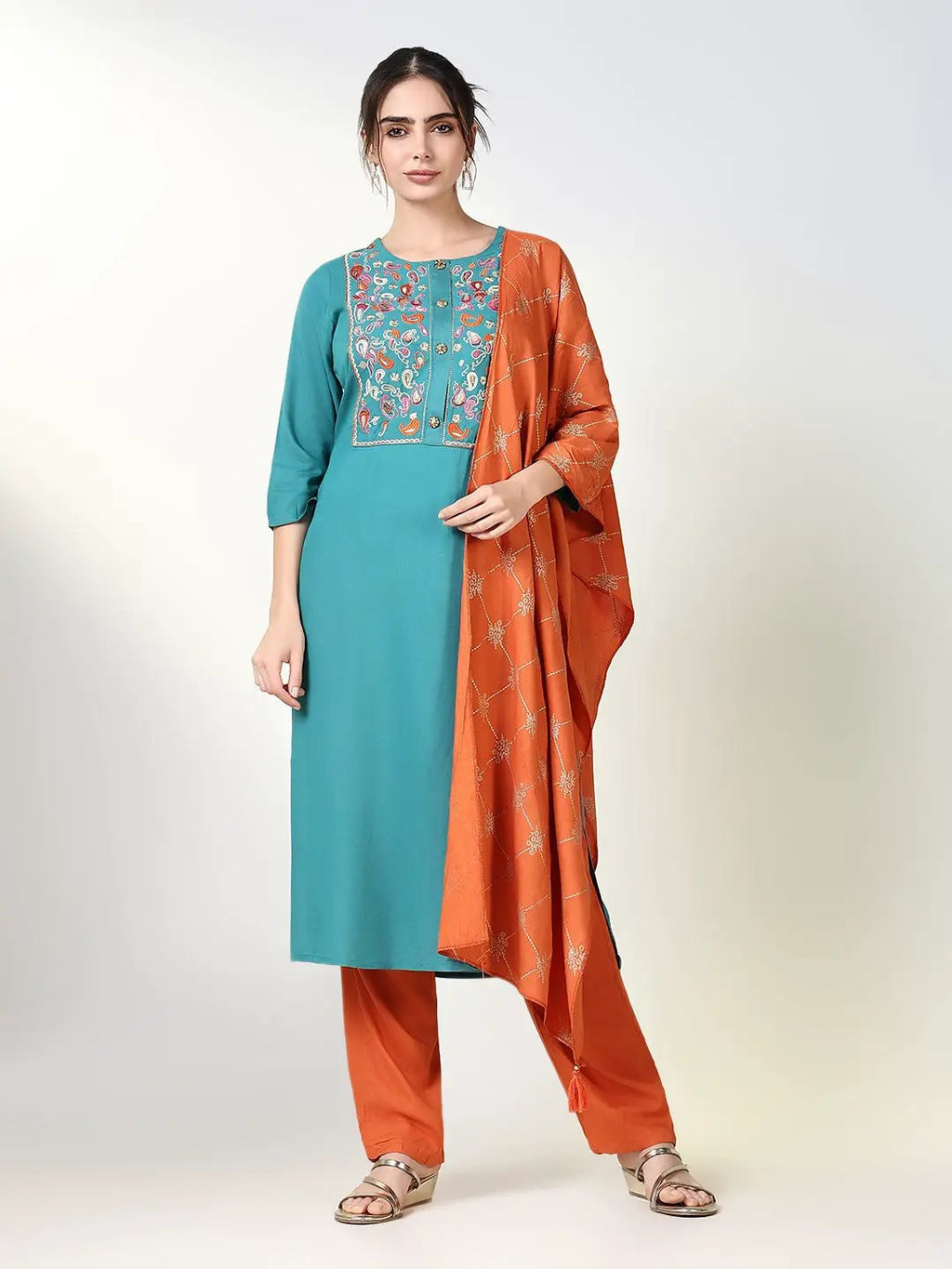 Women's Paisley Green Straight Kurta Set with Dupatta