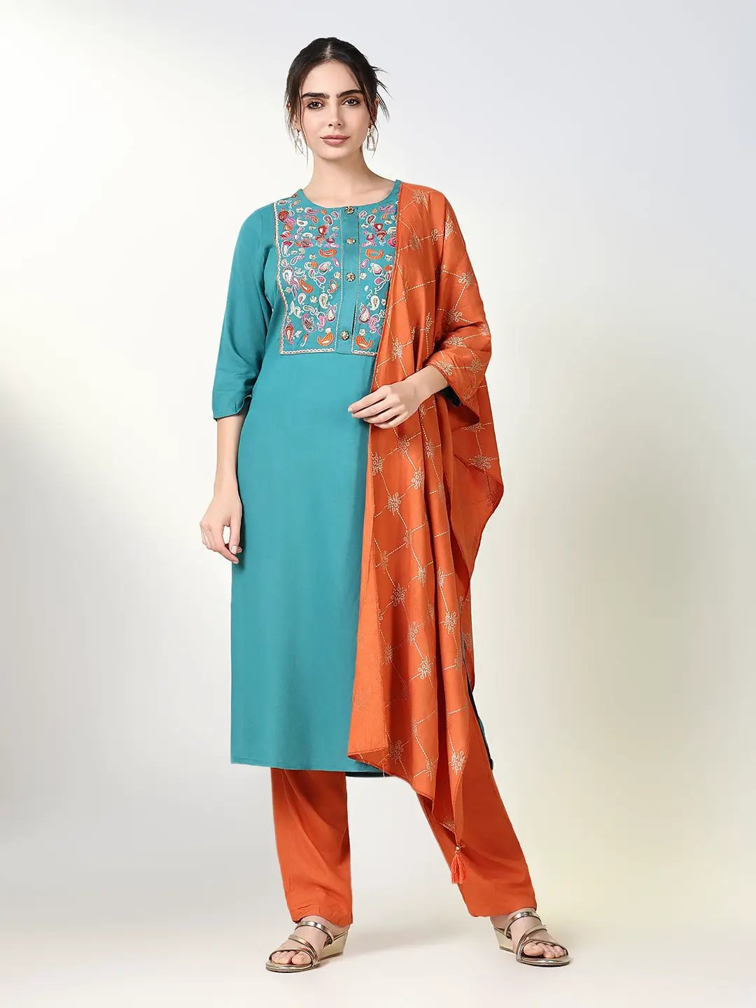 Women's Paisley Green Straight Kurta Set with Dupatta