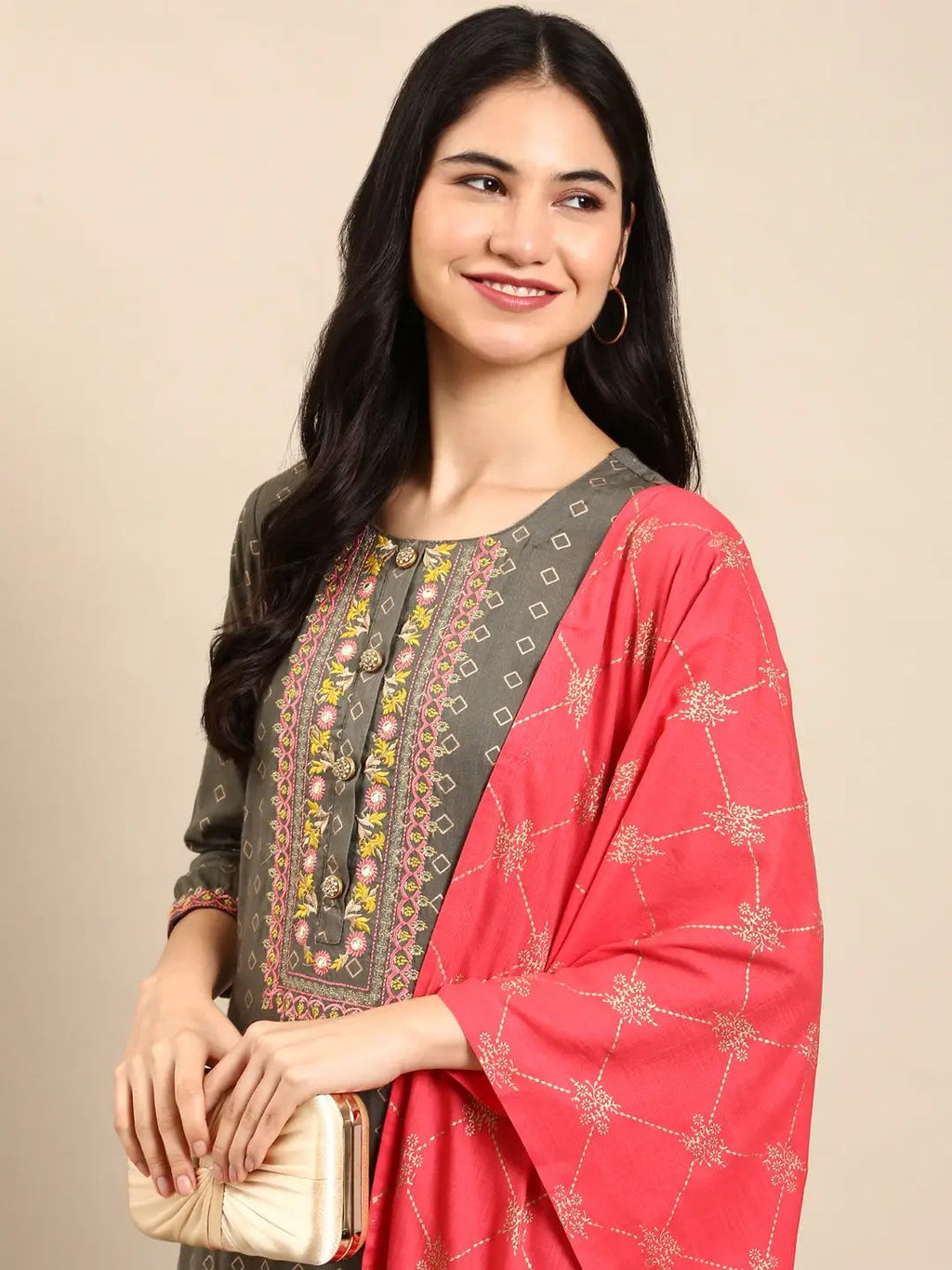 Women's Olive Printed Kurta Set with Palazzos & Dupatta