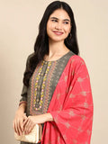Women's Olive Printed Kurta Set with Palazzos & Dupatta