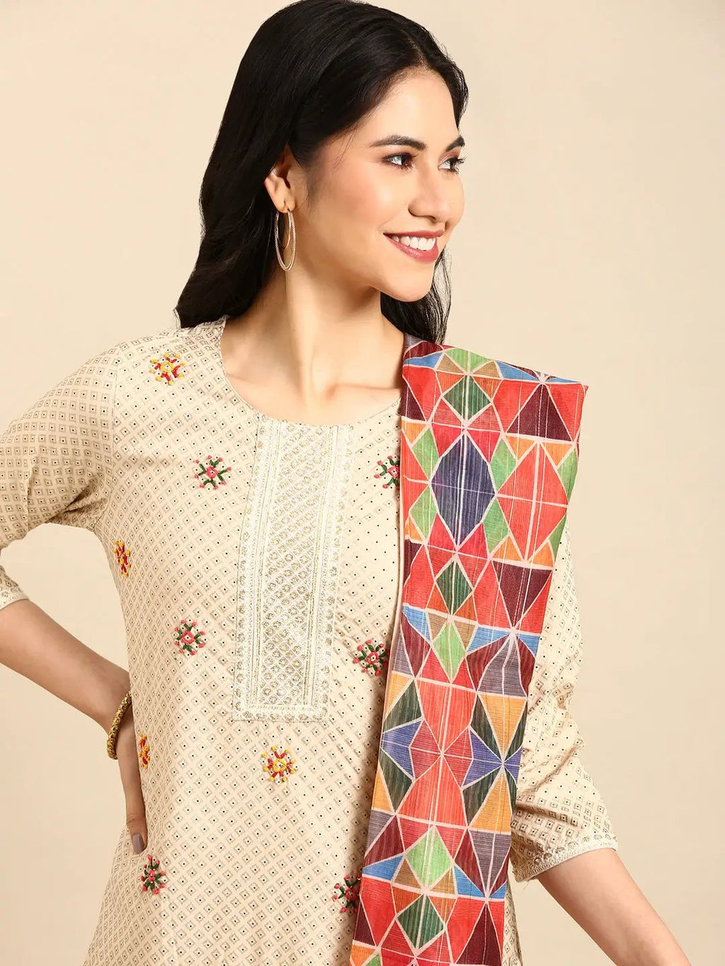 Women's Beige Thread Work Kurta Set with Palazzo & Dupatta