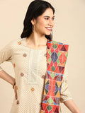 Women's Beige Thread Work Kurta Set with Palazzo & Dupatta