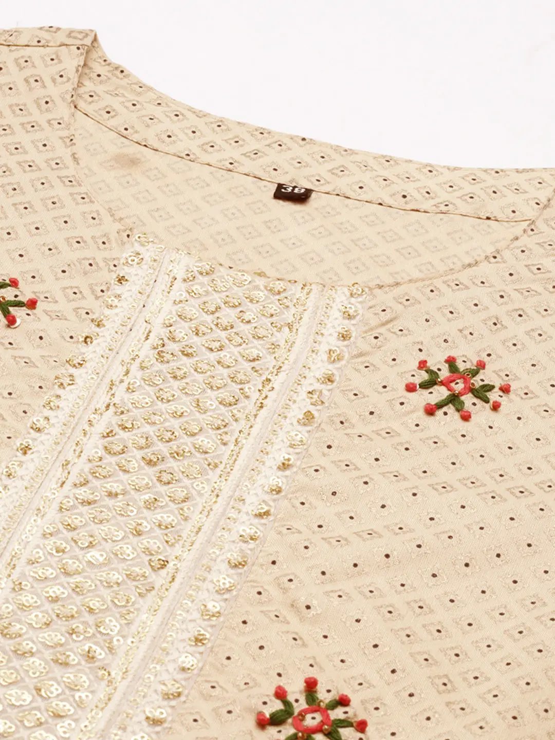 Women's Beige Thread Work Kurta Set with Palazzo & Dupatta