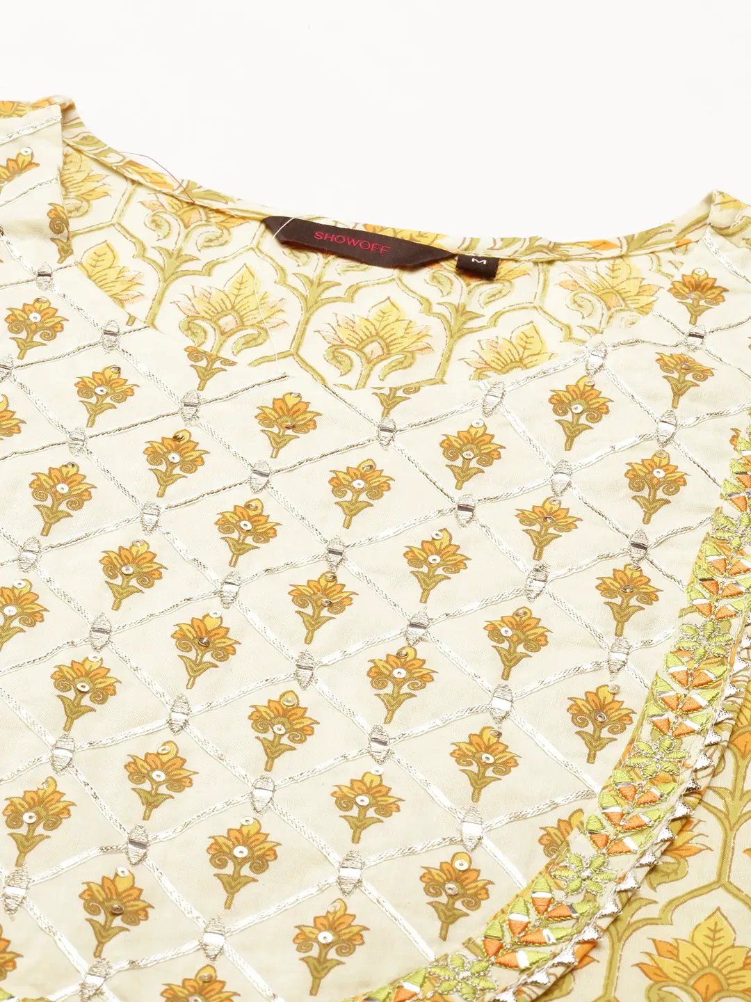 Women's Cream Printed Mirror Work Floral Anarkali Kurta