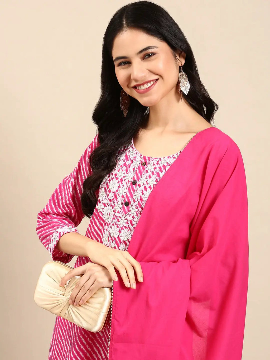 Women's Pink Leheriya Dyed Thread Work Kurta Set with Dupatta