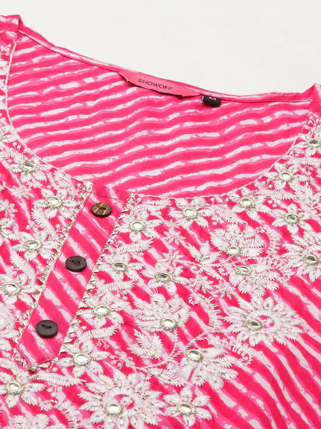 Women's Pink Leheriya Dyed Thread Work Kurta Set with Dupatta