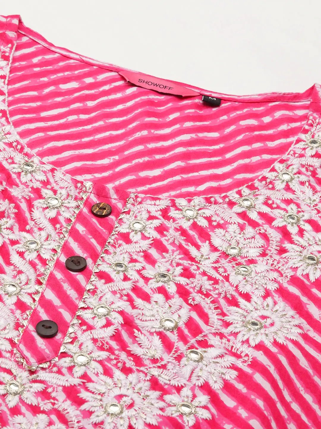 Women's Pink Leheriya Dyed Thread Work Kurta Set with Dupatta