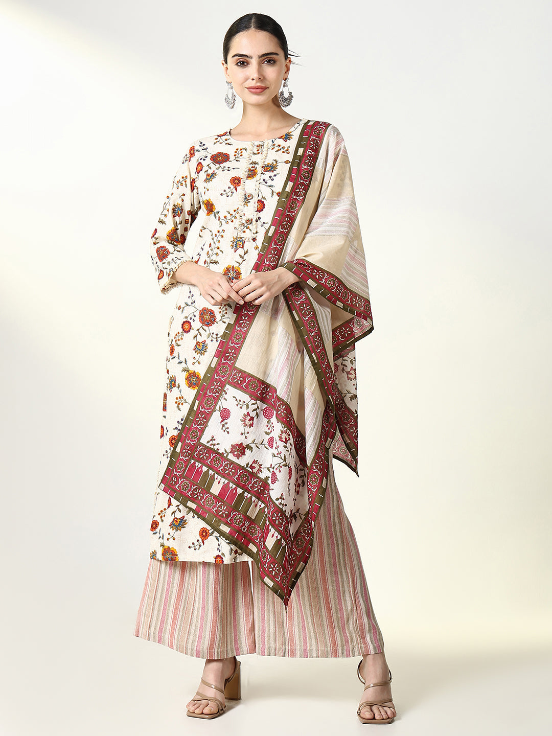 Women's Printed Floral Cream Straight Kurta Set with Dupatta