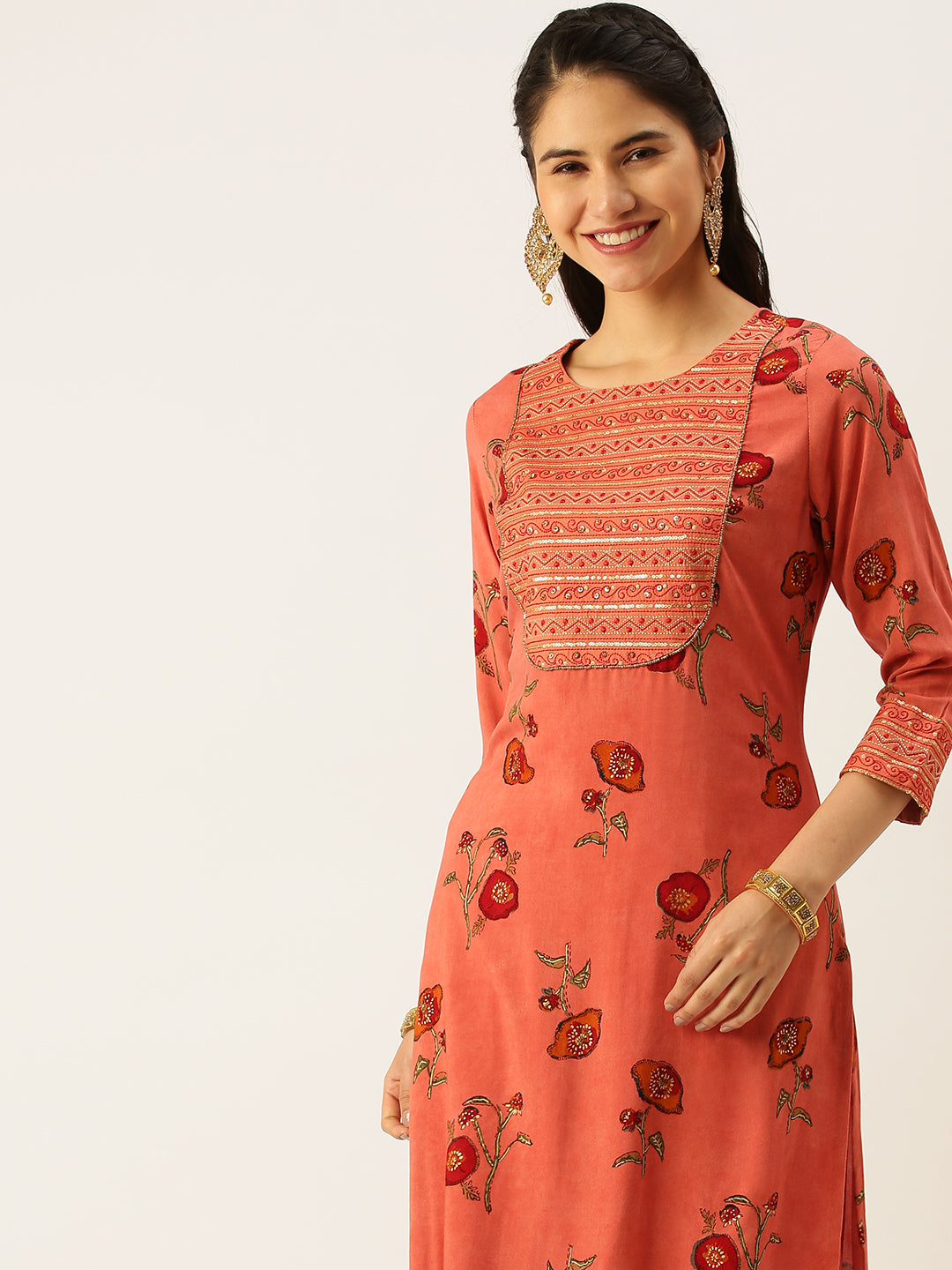 Women's Rust Floral Printed Sequinned Kurta Sets with Palazzos