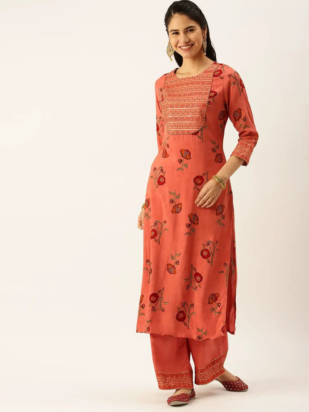 Women's Rust Floral Printed Sequinned Kurta Sets with Palazzos