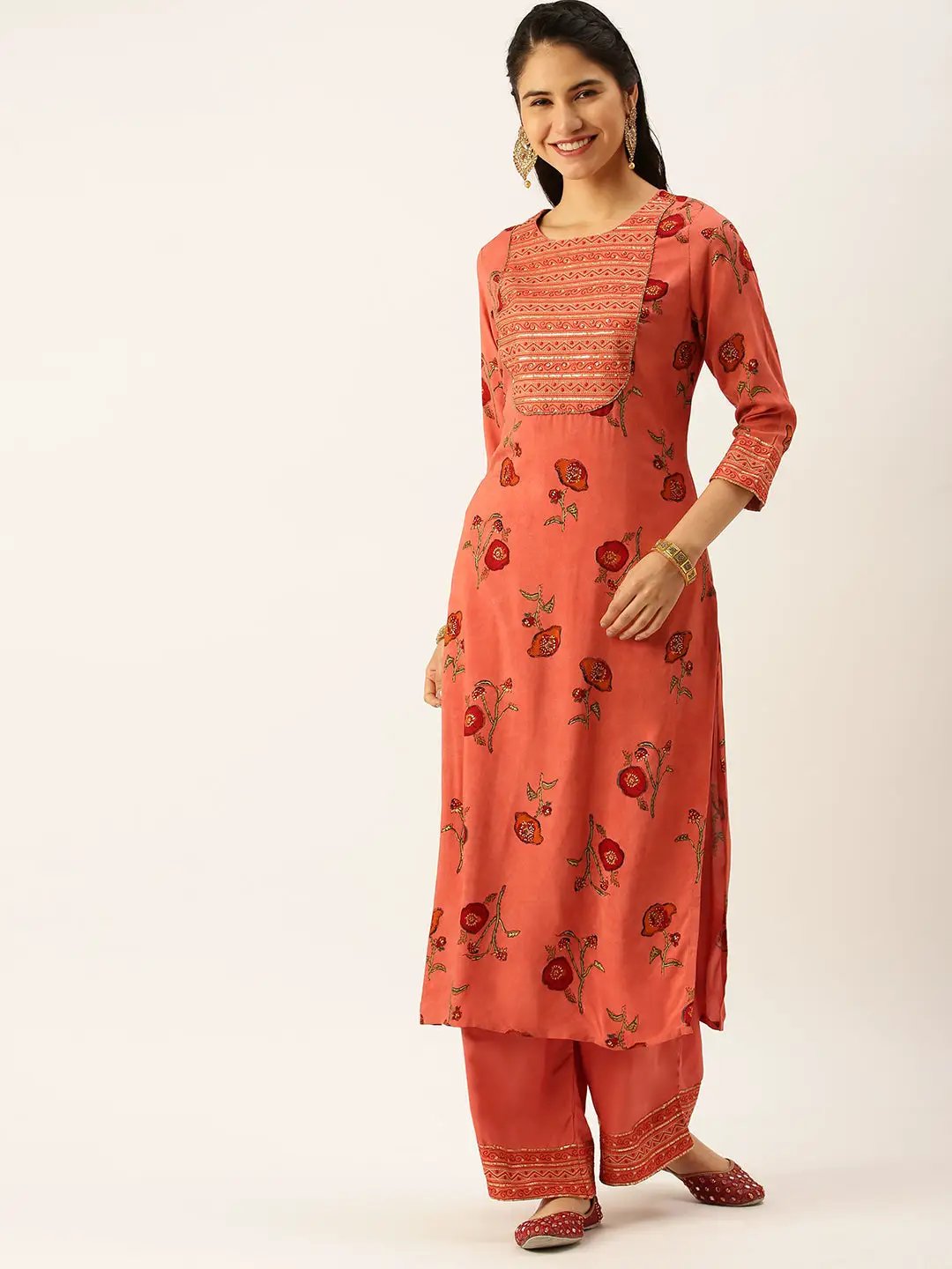 Women's Rust Floral Printed Sequinned Kurta Sets with Palazzos