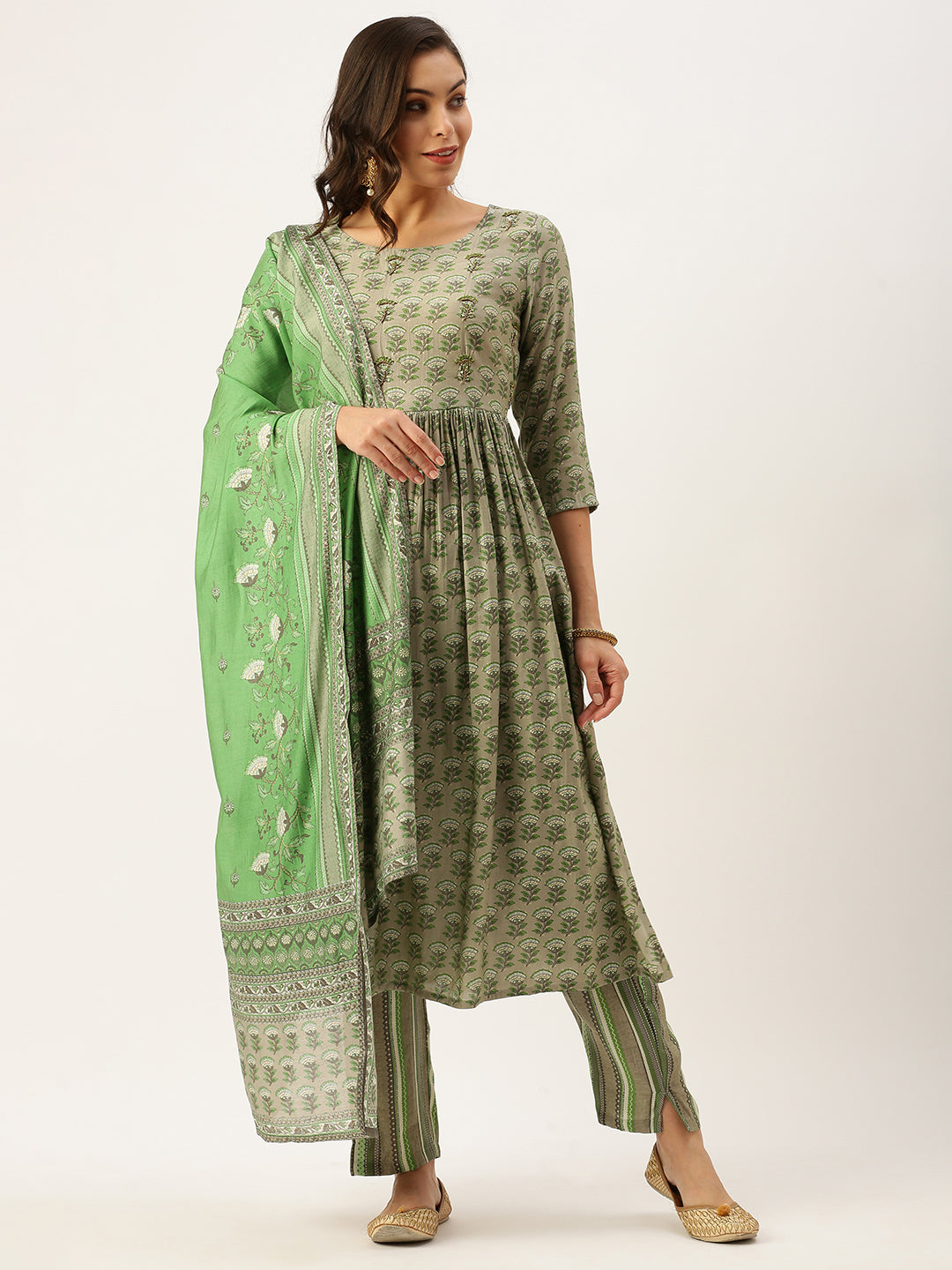 Women's Grey Floral Printed Beads and Stones Kurta Set With Dupatta