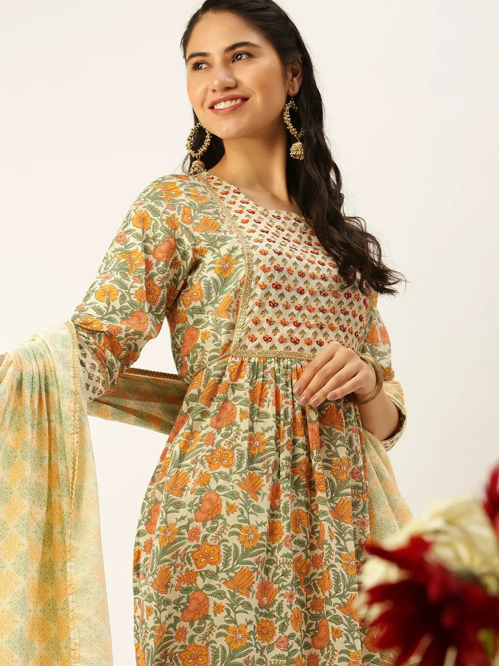 Women's Cream Printed Gotta Patti Kurti Sets with Dupatta