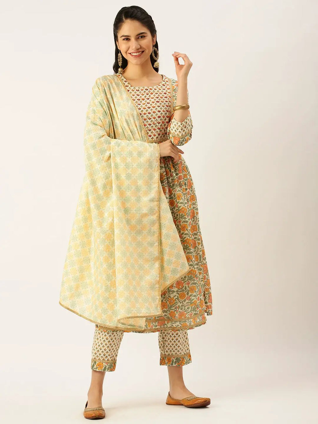 Women's Cream Printed Gotta Patti Kurti Sets with Dupatta