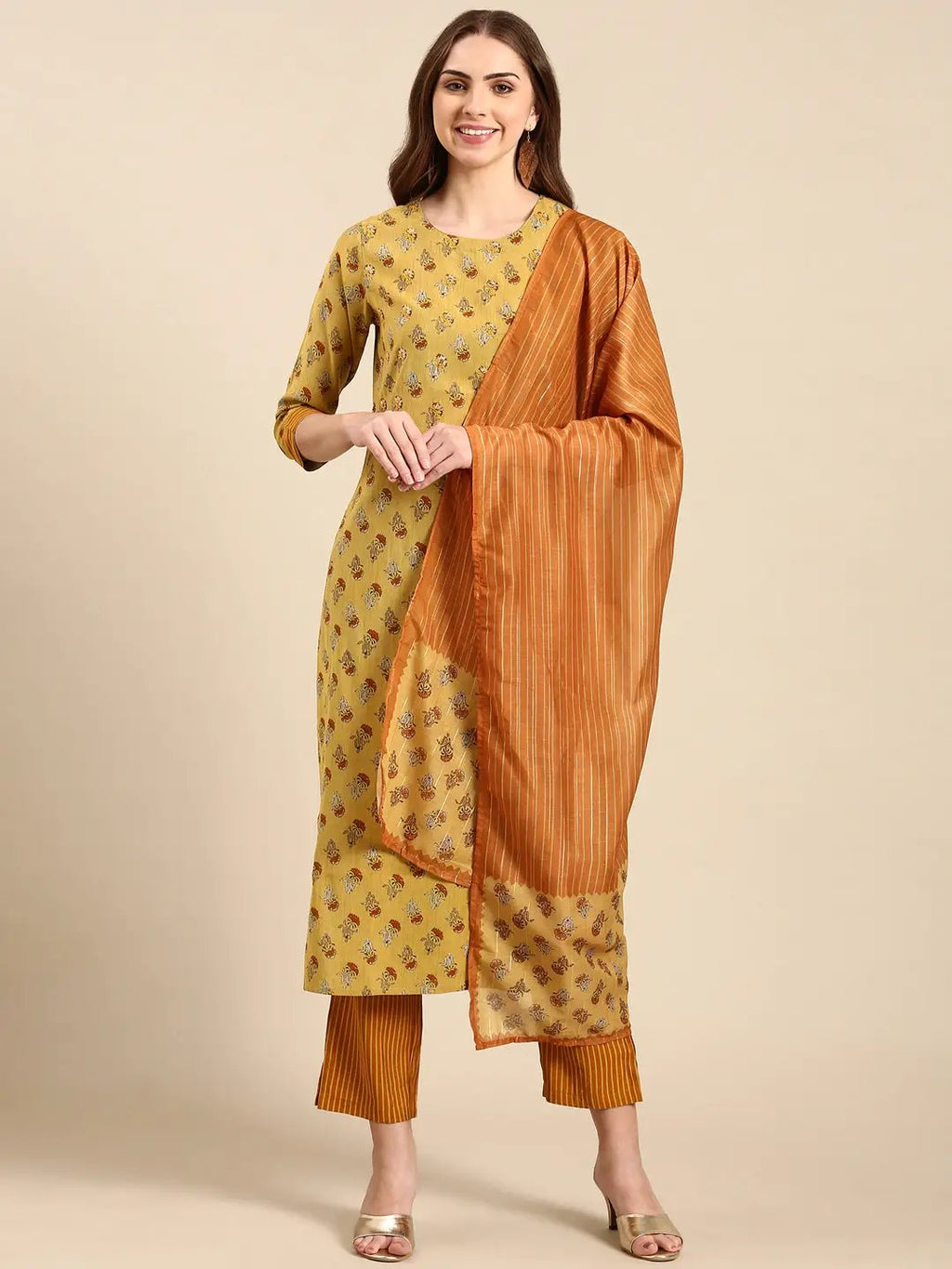 Women's Mustard Floral Printed Straight Kurta Set with Dupatta