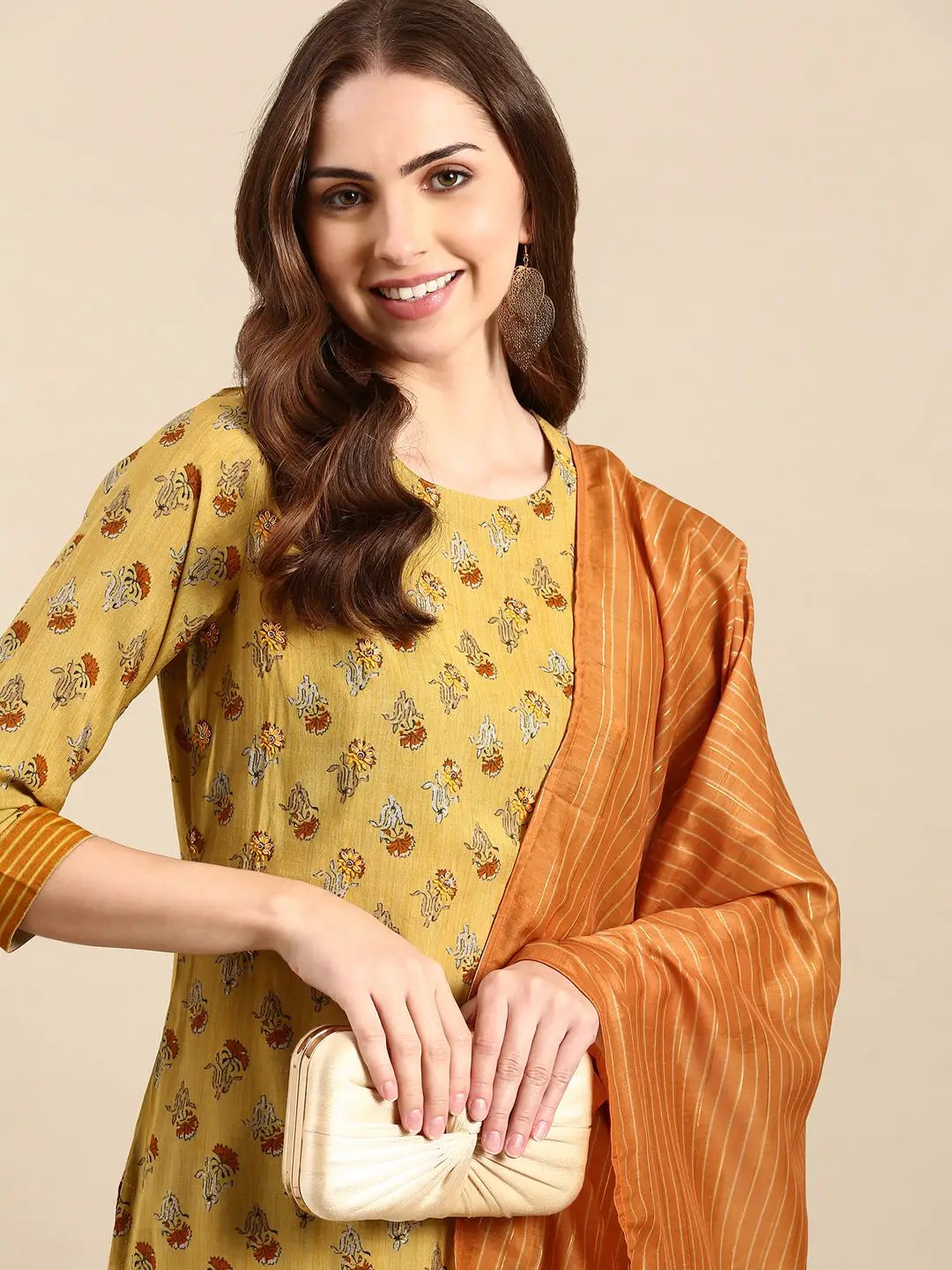 Women's Mustard Floral Printed Straight Kurta Set with Dupatta