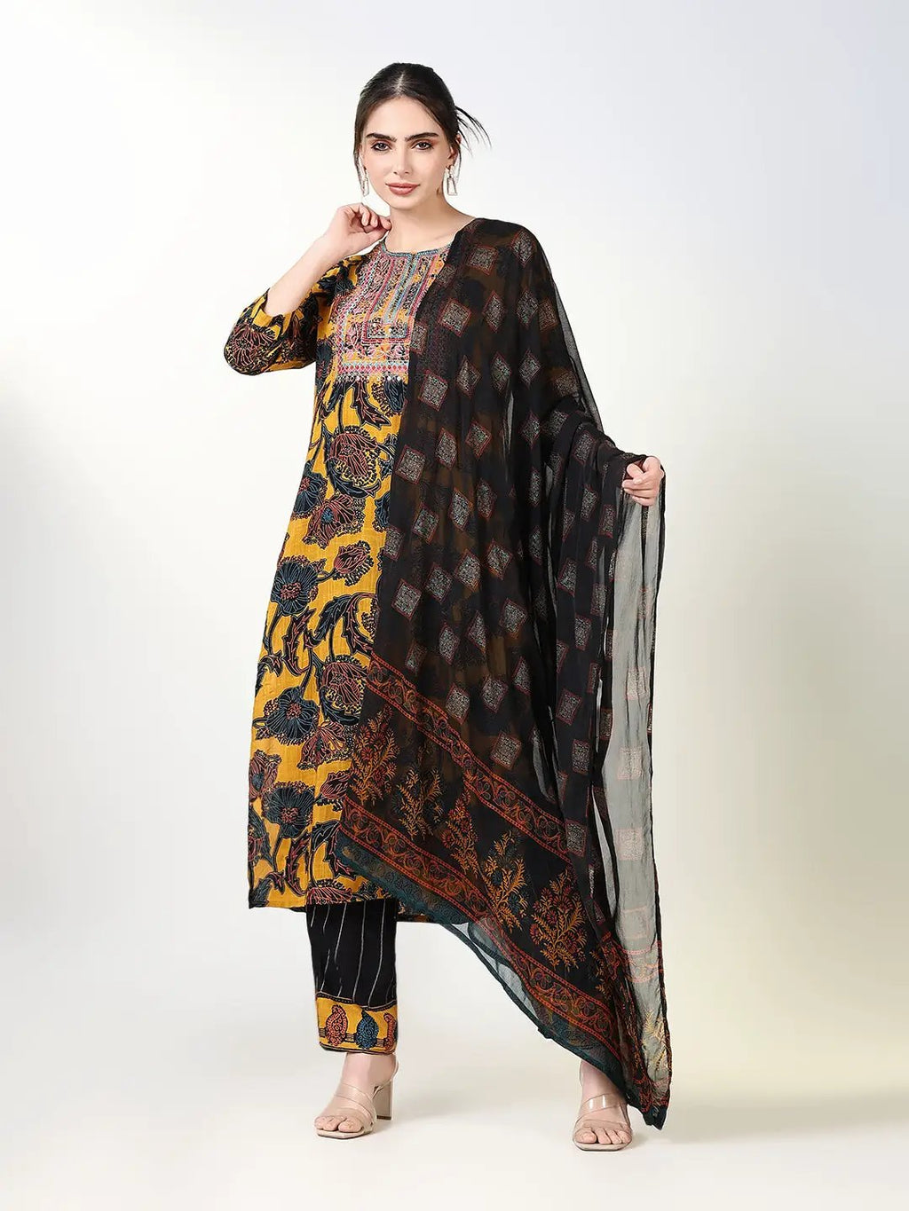Women's Ethnic Floral Printed Yellow Straight Kurta Set with Dupatta