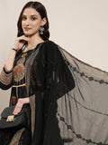 Women's Black Ethnic Motifs Printed Sequinned Regular Kurta Set With Dupatta