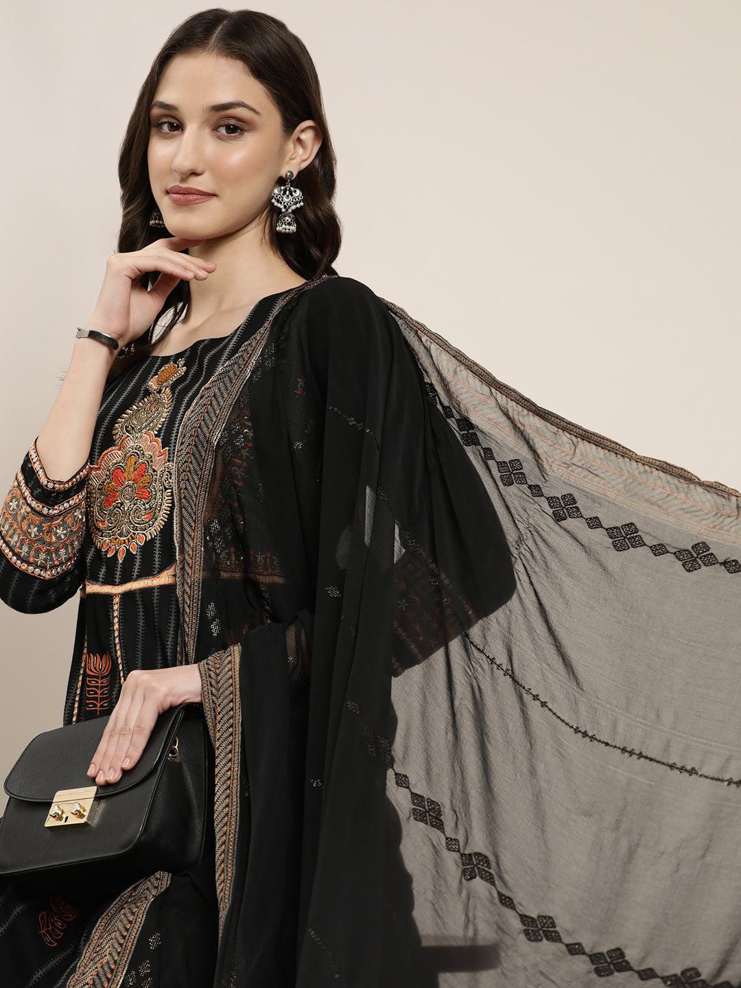 Women's Black Ethnic Motifs Printed Sequinned Regular Kurta Set With Dupatta
