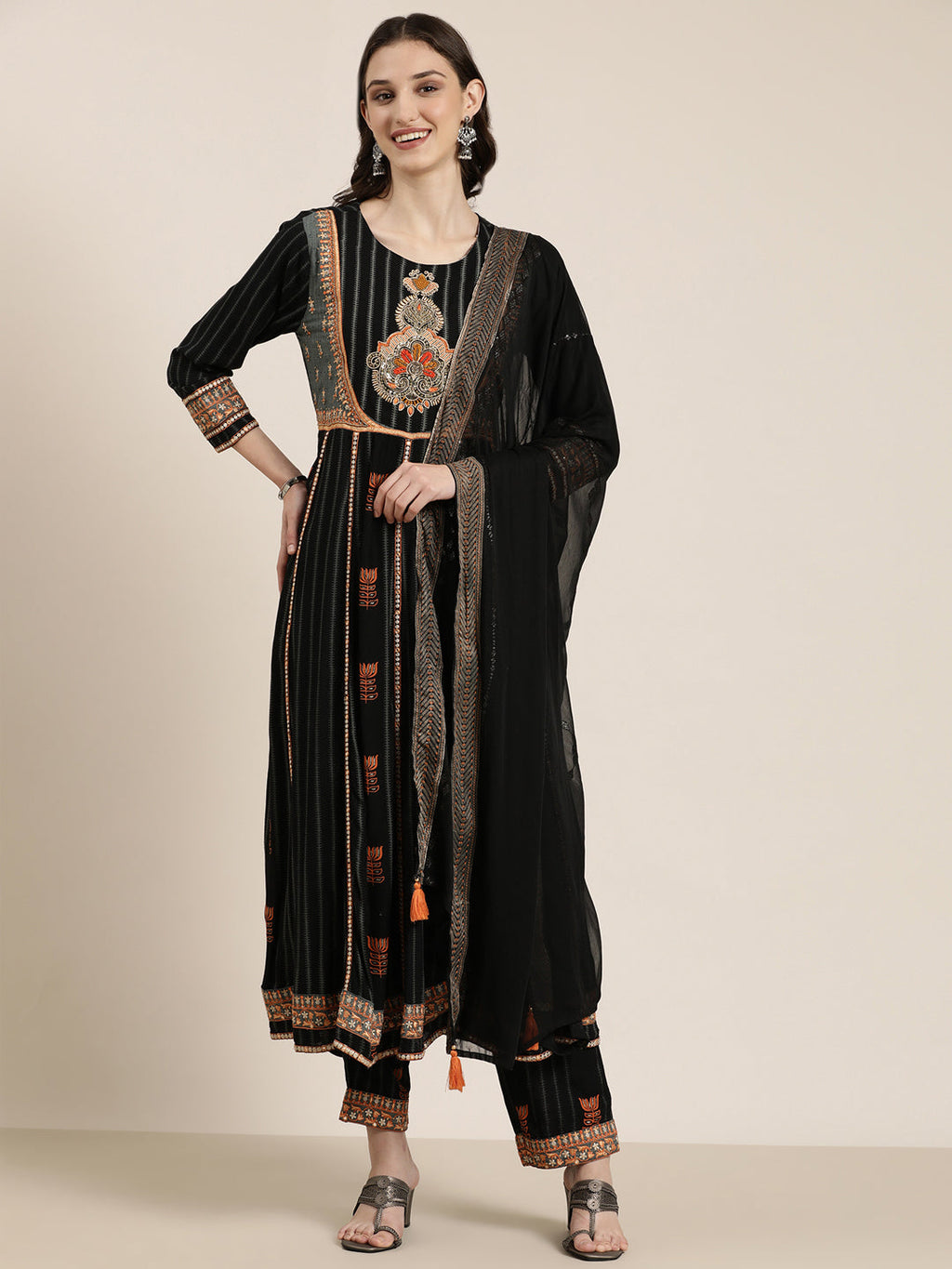 Women's Black Ethnic Motifs Printed Sequinned Regular Kurta Set With Dupatta