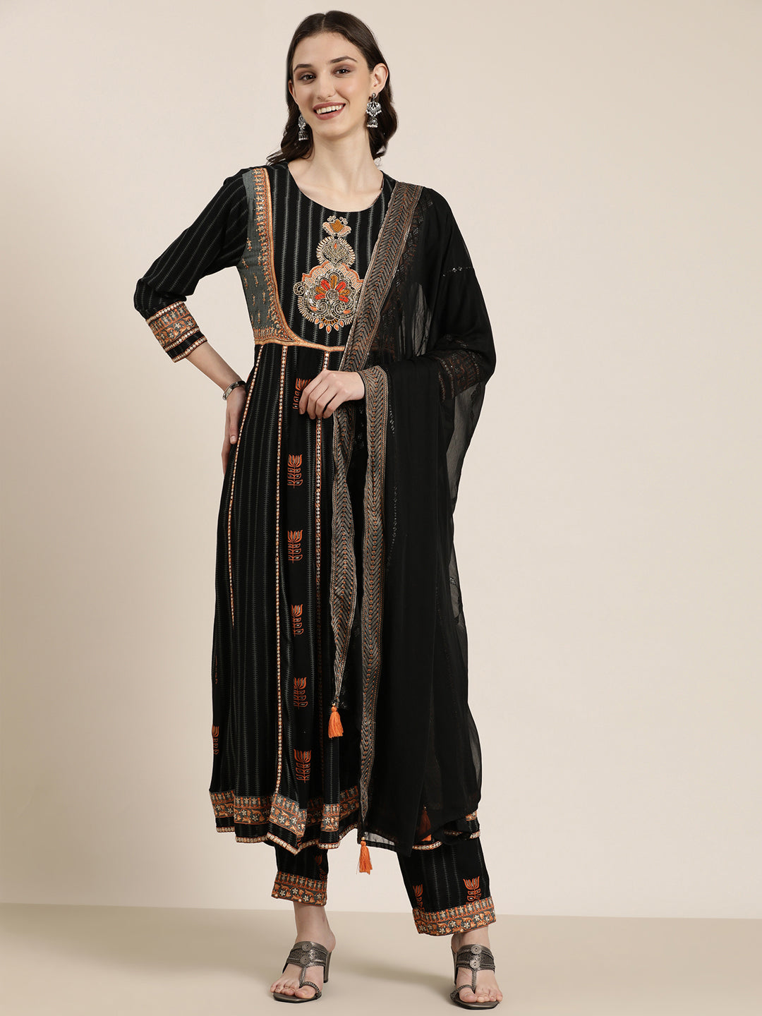 Women's Black Ethnic Motifs Printed Sequinned Regular Kurta Set With Dupatta