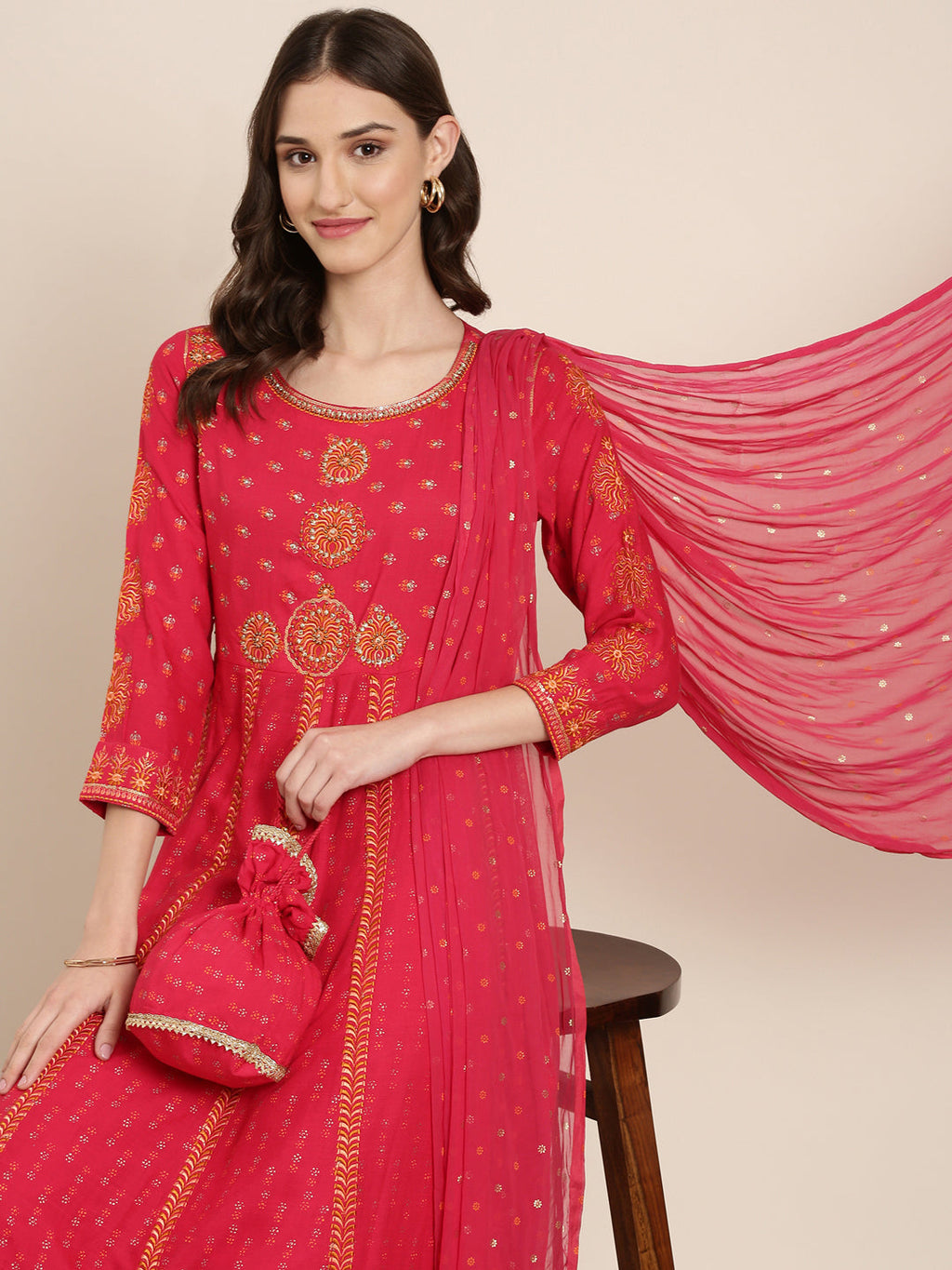 Women's Coral Ethnic Motifs Printed Empire Thread Work Kurta Set With Dupatta