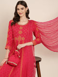 Women's Coral Ethnic Motifs Printed Empire Thread Work Kurta Set With Dupatta