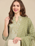 Women's Olive Printed Chanderi Cotton Kurta Set with Dupatta
