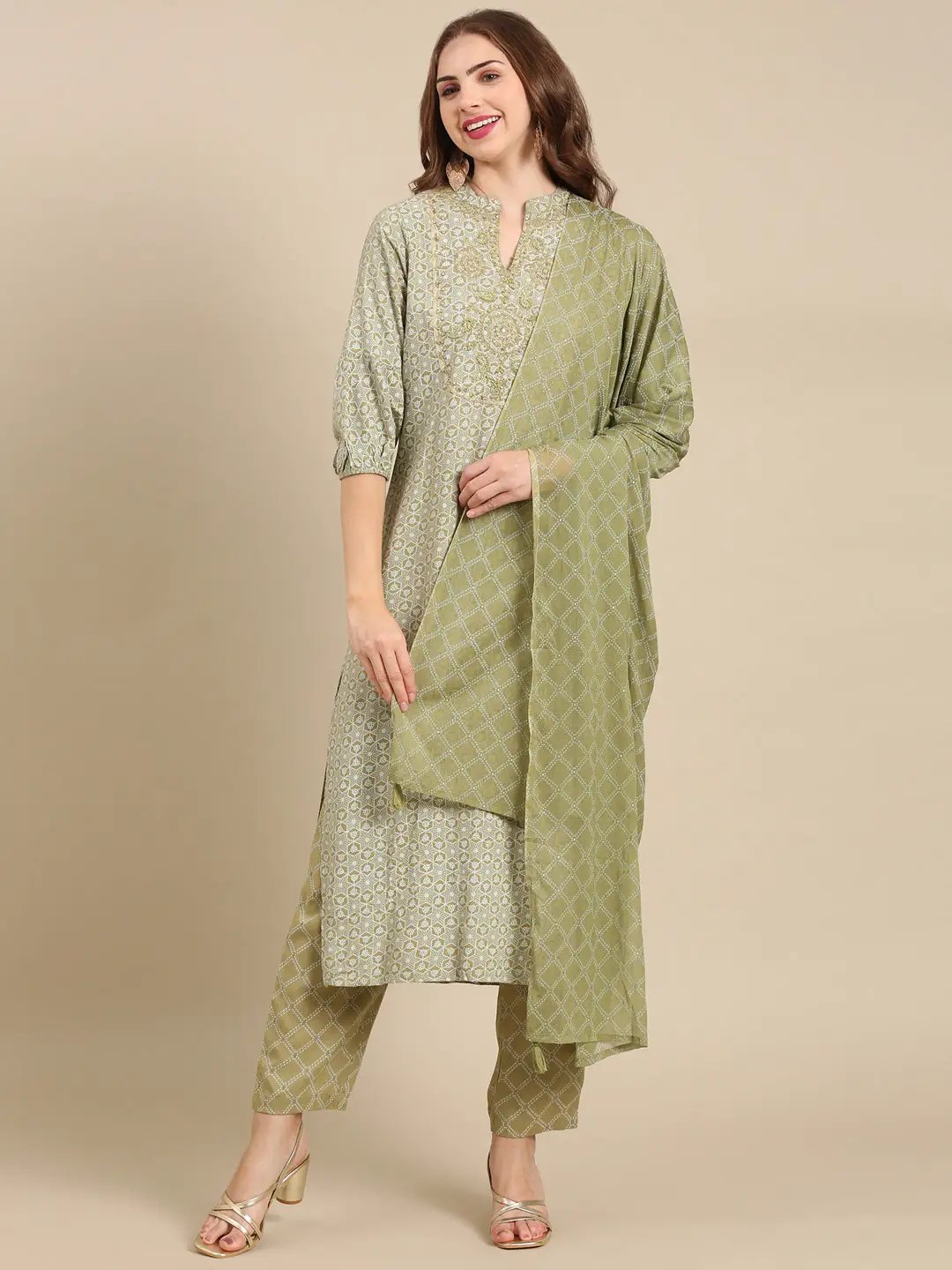 Women's Olive Printed Chanderi Cotton Kurta Set with Dupatta