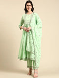 Women's Green Regular Mirror Work Kurta Set with Dupatta