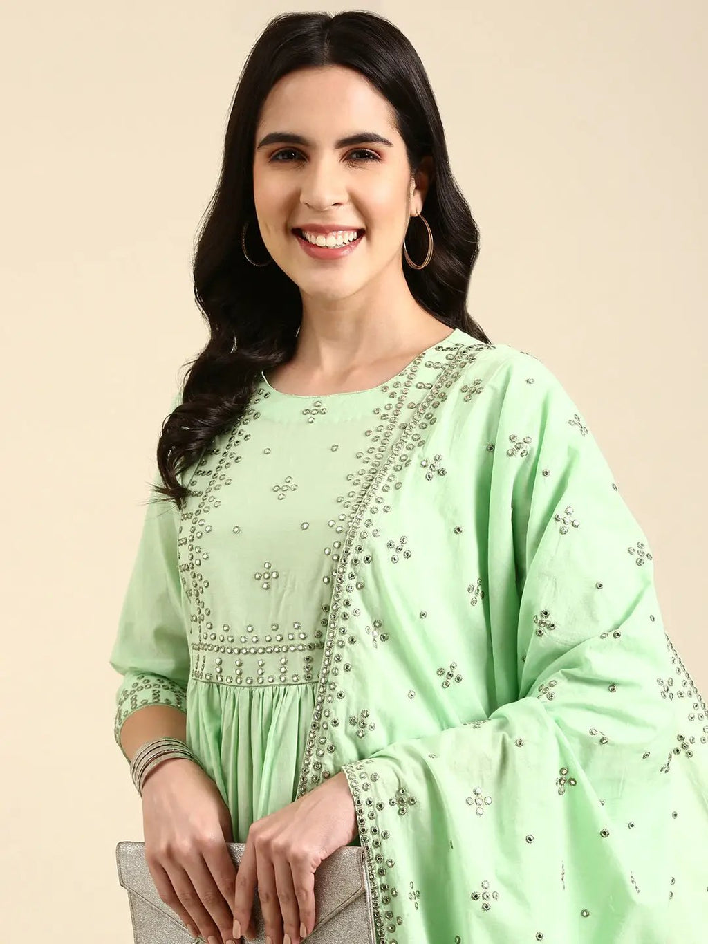 Women's Green Regular Mirror Work Kurta Set with Dupatta